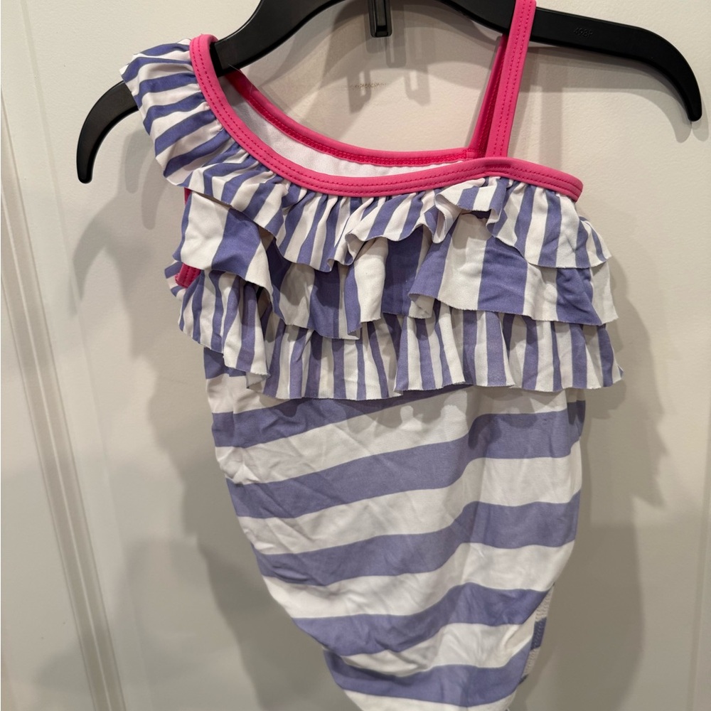 Gymboree Purple and White Striped Swimsuit with Pink Trim